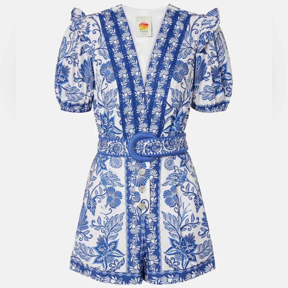 NEW FARM Rio blue & off-white shell garden 100% organic cotton Romper Size Small - Picture 2 of 13